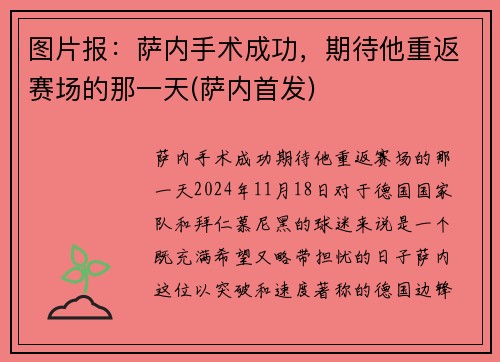 图片报：萨内手术成功，期待他重返赛场的那一天(萨内首发)