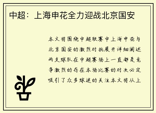 中超：上海申花全力迎战北京国安