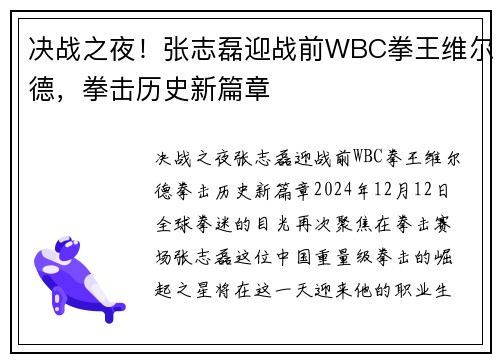 决战之夜！张志磊迎战前WBC拳王维尔德，拳击历史新篇章