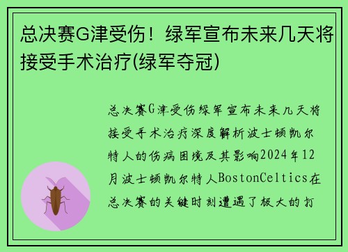 总决赛G津受伤！绿军宣布未来几天将接受手术治疗(绿军夺冠)