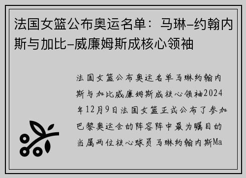 法国女篮公布奥运名单：马琳-约翰内斯与加比-威廉姆斯成核心领袖