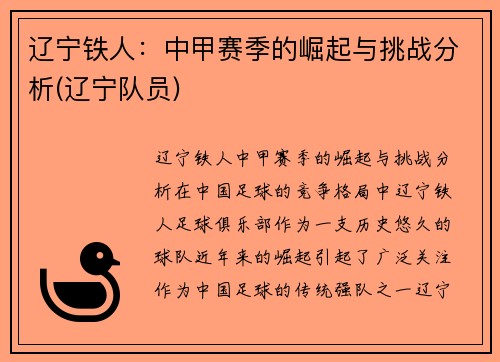 辽宁铁人：中甲赛季的崛起与挑战分析(辽宁队员)