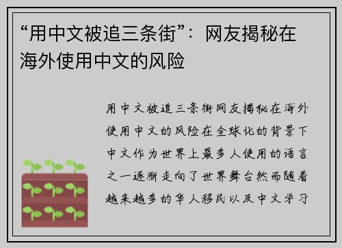 “用中文被追三条街”：网友揭秘在海外使用中文的风险