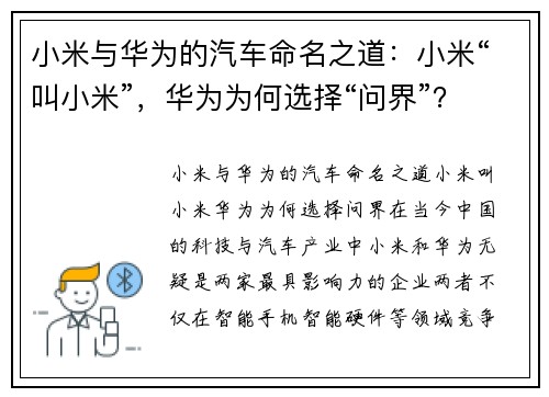 小米与华为的汽车命名之道：小米“叫小米”，华为为何选择“问界”？