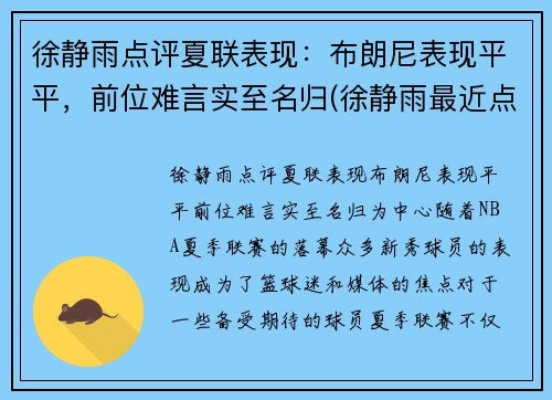 徐静雨点评夏联表现：布朗尼表现平平，前位难言实至名归(徐静雨最近点评nba)