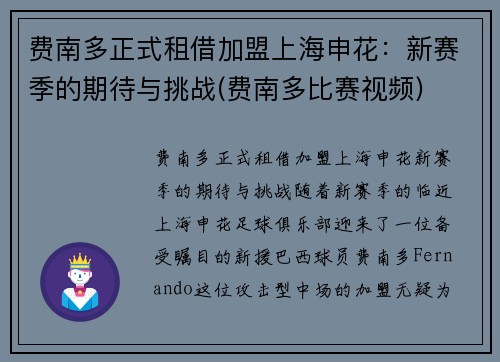 费南多正式租借加盟上海申花：新赛季的期待与挑战(费南多比赛视频)