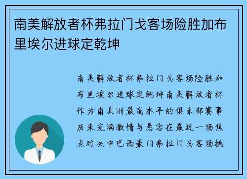 南美解放者杯弗拉门戈客场险胜加布里埃尔进球定乾坤
