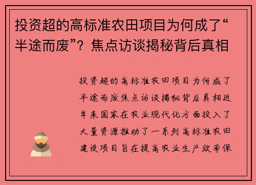 投资超的高标准农田项目为何成了“半途而废”？焦点访谈揭秘背后真相