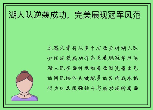 湖人队逆袭成功，完美展现冠军风范